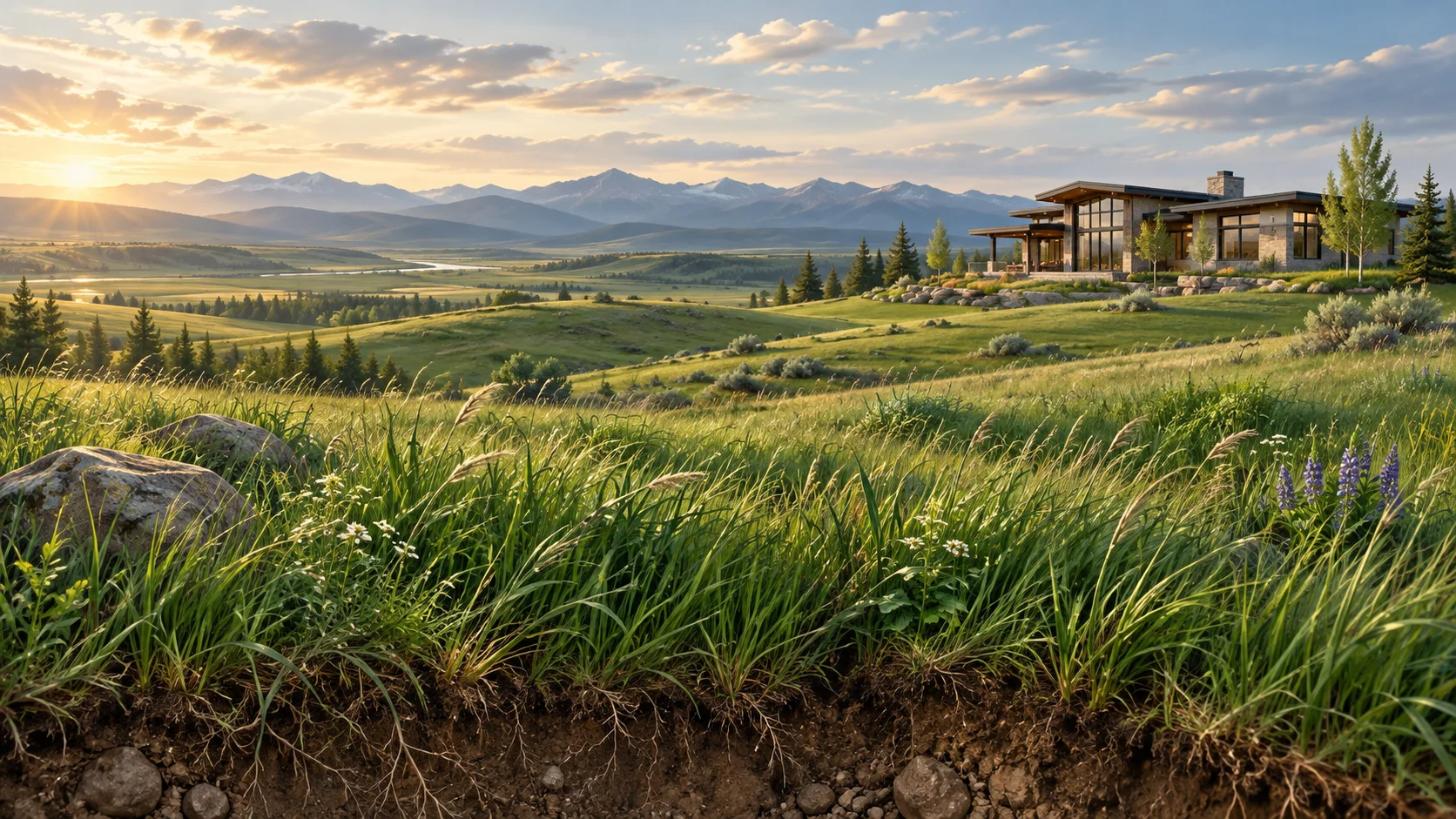 Illustrative Alberta grassland with a contemporary home, layered green grass, fine roots and distant foothills
